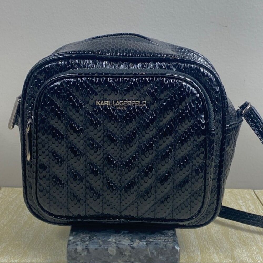 KARL LAGERFELD PARIS GLOSSY BLACK SNAKE CAMERA BAG CROSSBODY PURSE